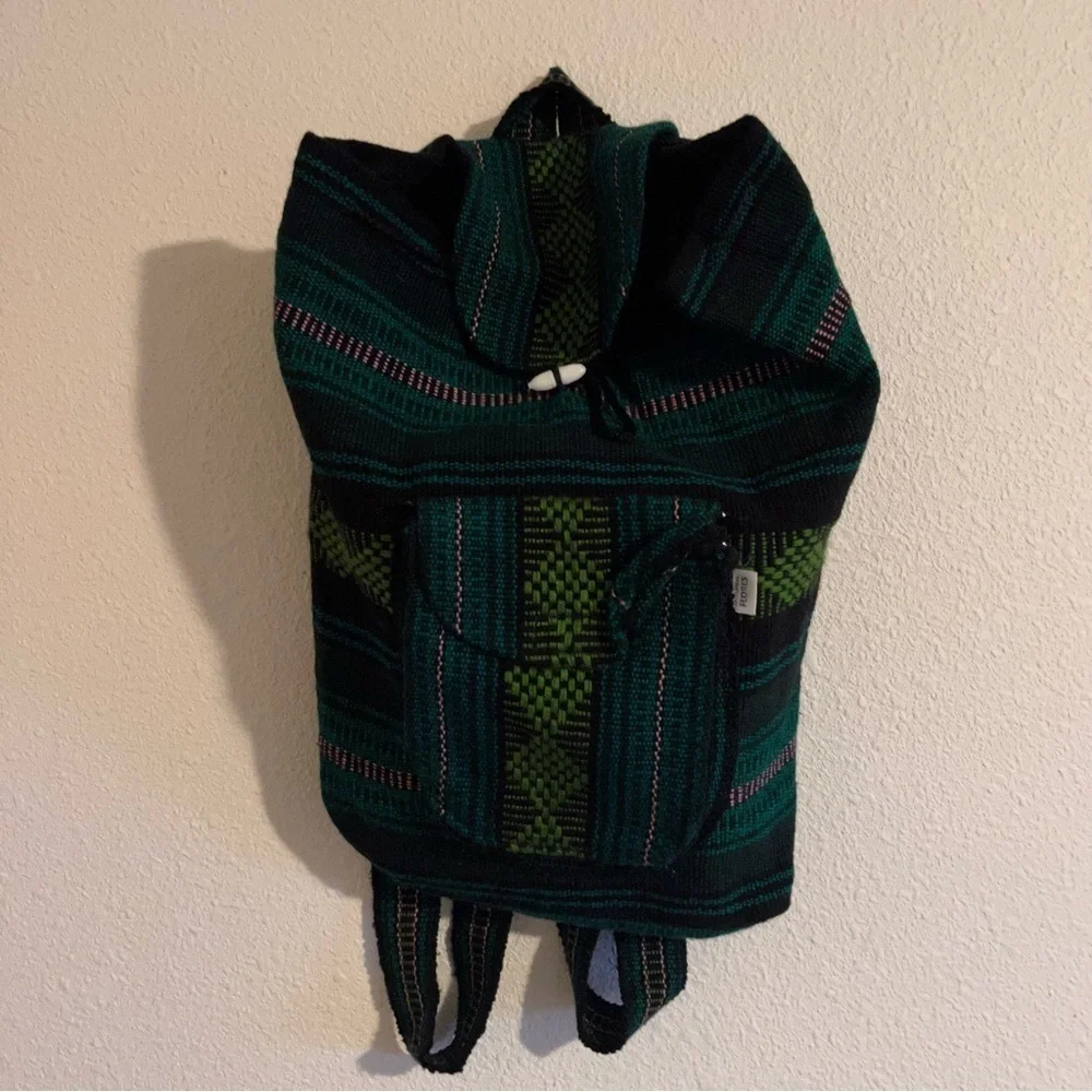 Hispanic / Latin American Green Plaid Print Knit Canvas Backpack